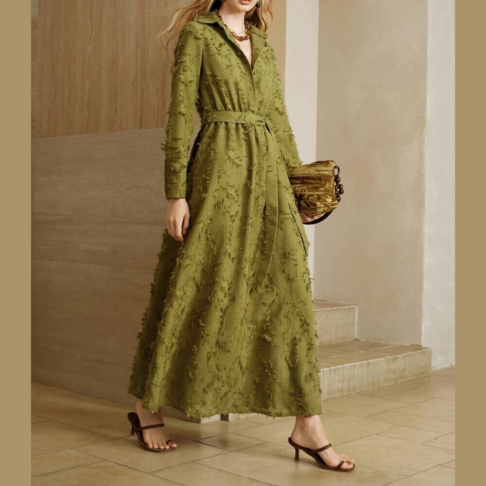 Olive Green Textured Fringe Collared Belted Maxi Shirt Dress